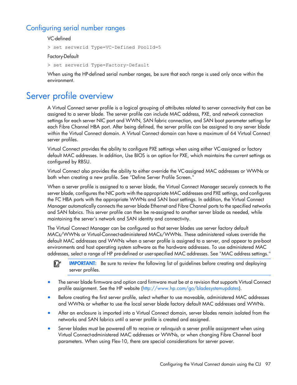 Configuring serial number ranges, Server profile overview | HP Virtual Connect Flex-10 10Gb Ethernet Module for c-Class BladeSystem User Manual | Page 97 / 106