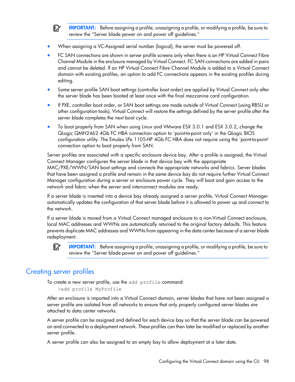 Creating server profiles | HP Virtual Connect Flex-10 10Gb Ethernet Module for c-Class BladeSystem User Manual | Page 98 / 106
