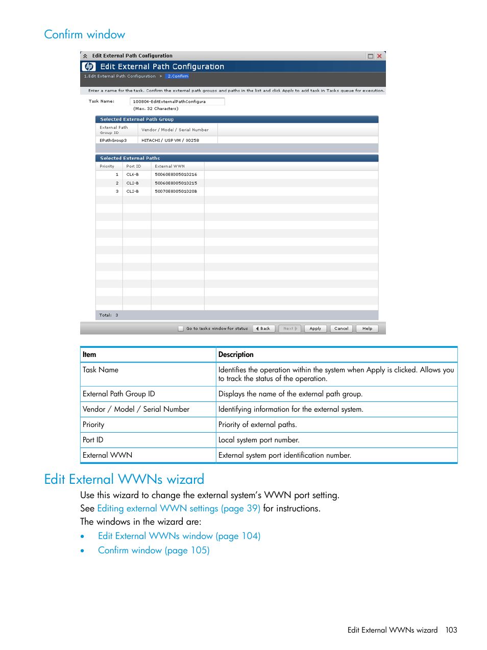 Confirm window, Edit external wwns wizard | HP XP P9500 Storage User Manual | Page 103 / 122