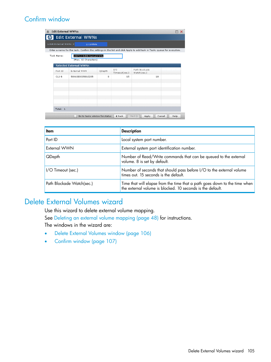 Confirm window, Delete external volumes wizard | HP XP P9500 Storage User Manual | Page 105 / 122