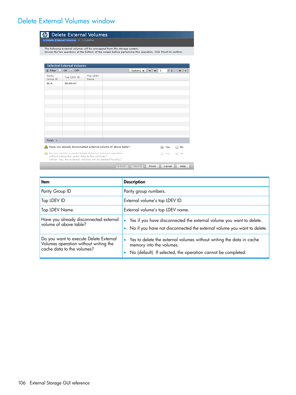 Delete external volumes window | HP XP P9500 Storage User Manual | Page 106 / 122