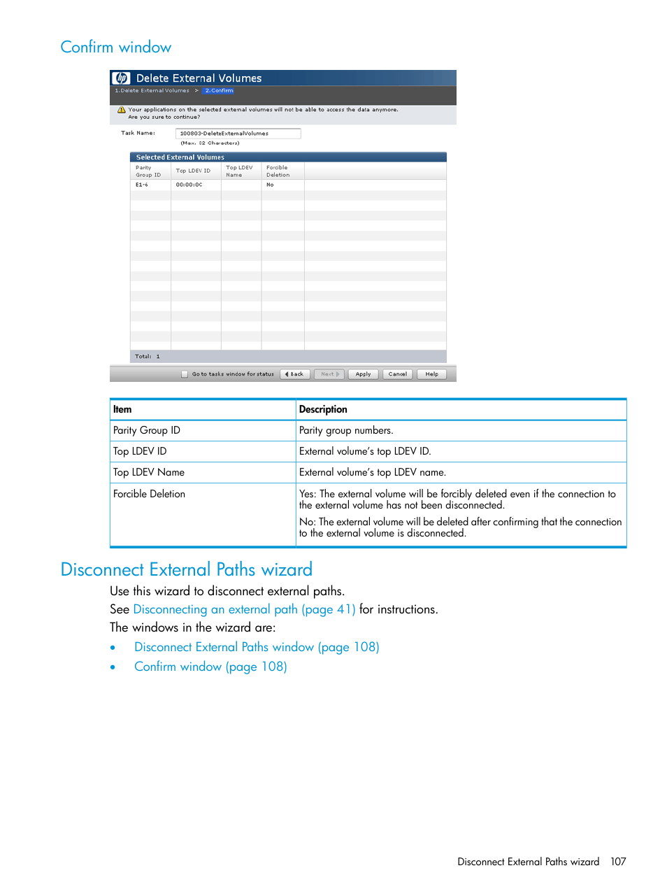 Confirm window, Disconnect external paths wizard | HP XP P9500 Storage User Manual | Page 107 / 122