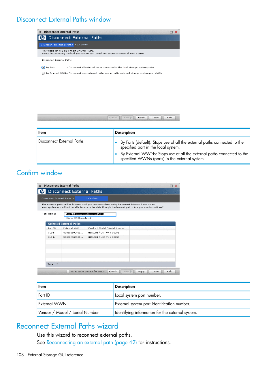 Disconnect external paths window, Confirm window, Reconnect external paths wizard | Disconnect external paths window confirm window | HP XP P9500 Storage User Manual | Page 108 / 122