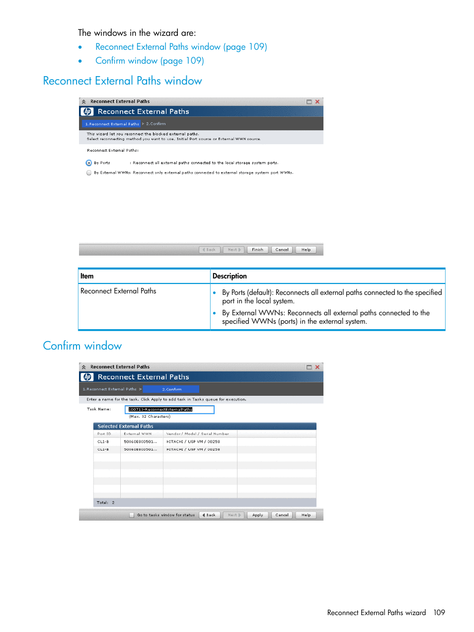 Reconnect external paths window, Confirm window, Reconnect external paths window confirm window | HP XP P9500 Storage User Manual | Page 109 / 122