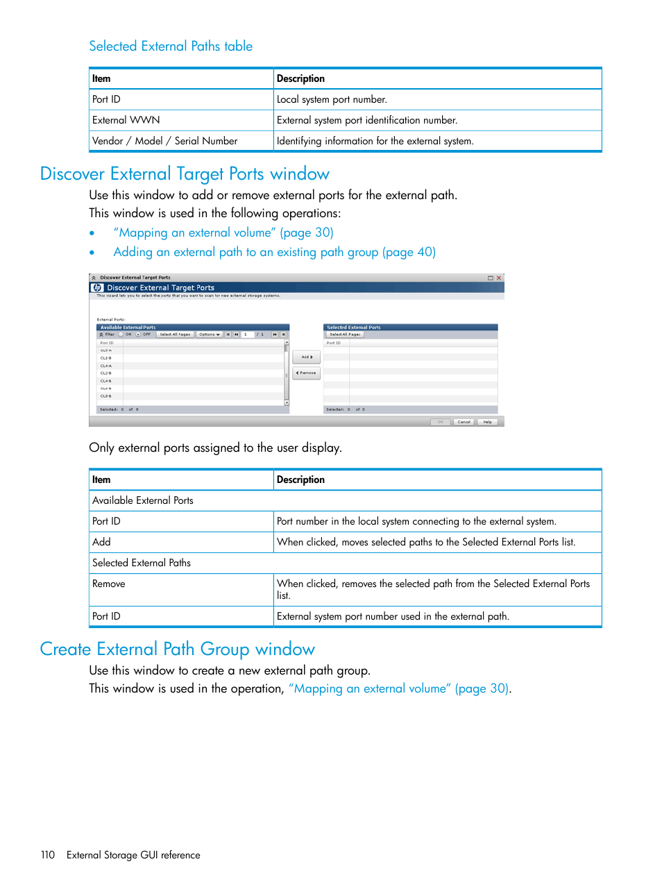 Discover external target ports window, Create external path group window | HP XP P9500 Storage User Manual | Page 110 / 122