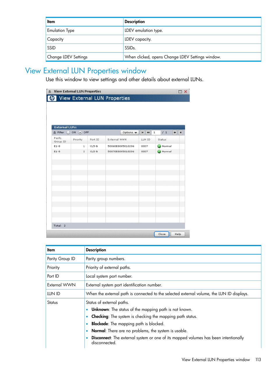 View external lun properties window | HP XP P9500 Storage User Manual | Page 113 / 122