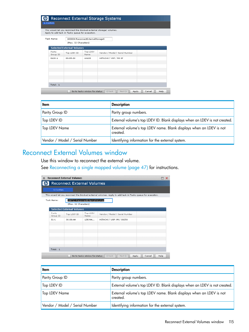 Reconnect external volumes window | HP XP P9500 Storage User Manual | Page 115 / 122
