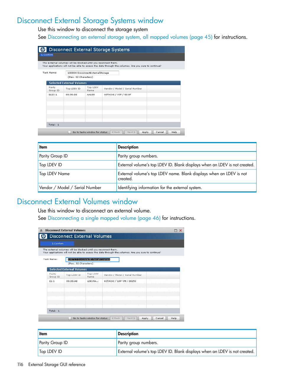 Disconnect external storage systems window, Disconnect external volumes window | HP XP P9500 Storage User Manual | Page 116 / 122