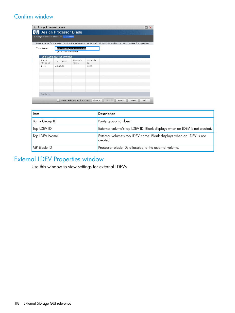 Confirm window, External ldev properties window | HP XP P9500 Storage User Manual | Page 118 / 122