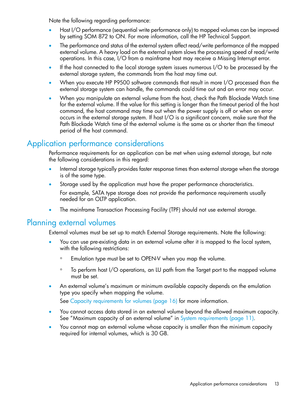 Application performance considerations, Planning external volumes | HP XP P9500 Storage User Manual | Page 13 / 122