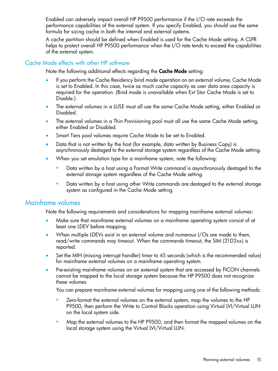 Cache mode effects with other hp software, Mainframe volumes | HP XP P9500 Storage User Manual | Page 15 / 122