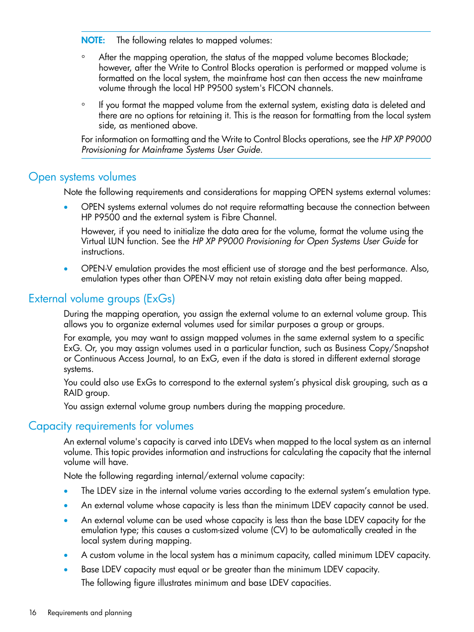 Open systems volumes, External volume groups (exgs), Capacity requirements for volumes | HP XP P9500 Storage User Manual | Page 16 / 122