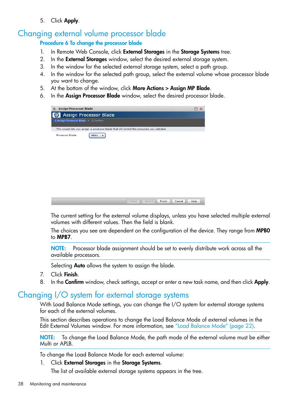 Changing external volume processor blade, Changing i/o system for external storage systems | HP XP P9500 Storage User Manual | Page 38 / 122