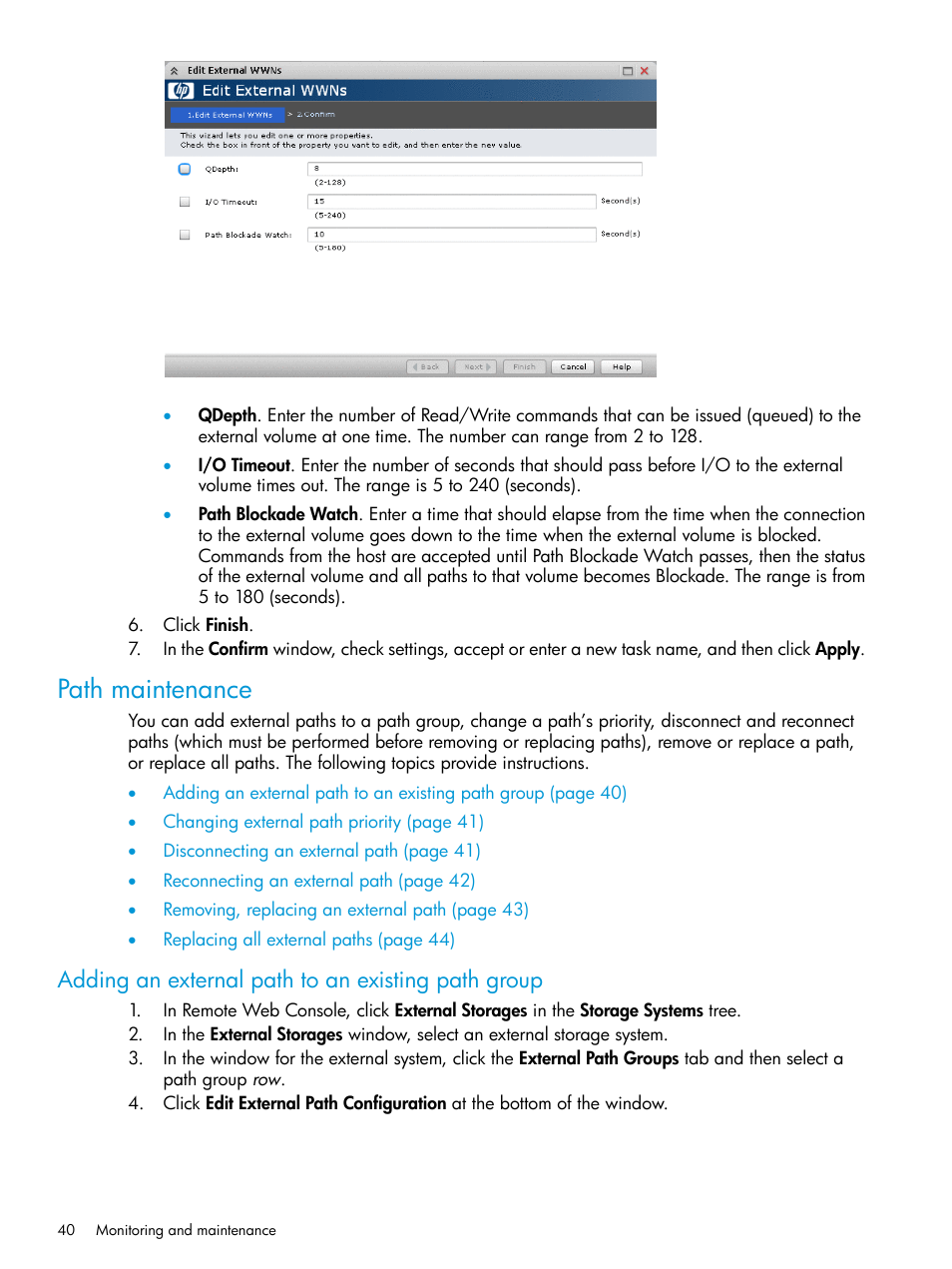 Path maintenance, Adding an external path to an existing path group | HP XP P9500 Storage User Manual | Page 40 / 122