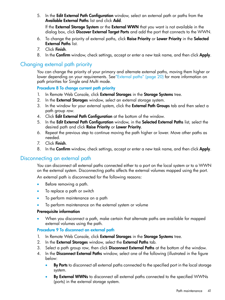 Changing external path priority, Disconnecting an external path | HP XP P9500 Storage User Manual | Page 41 / 122