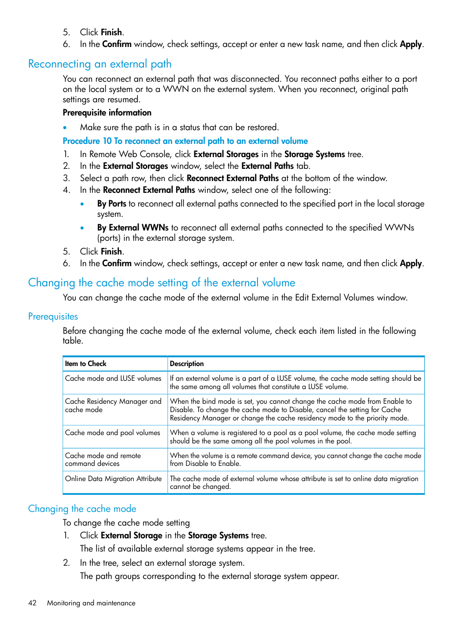 Reconnecting an external path, Prerequisites, Changing the cache mode | Prerequisites changing the cache mode | HP XP P9500 Storage User Manual | Page 42 / 122
