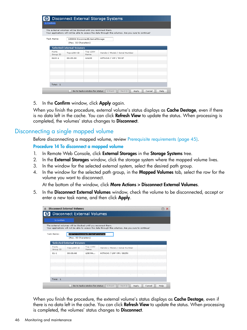 Disconnecting a single mapped volume | HP XP P9500 Storage User Manual | Page 46 / 122