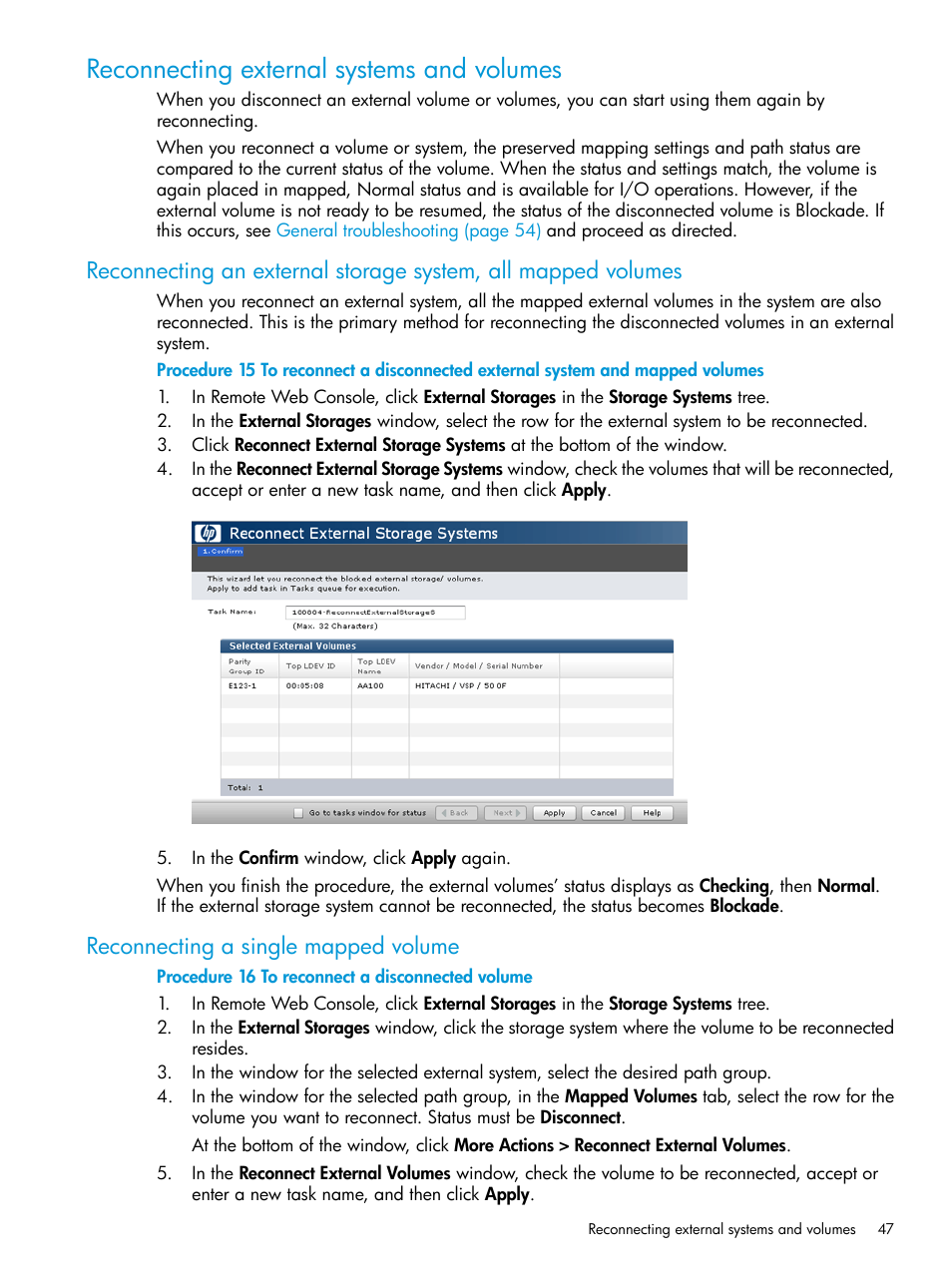 Reconnecting external systems and volumes, Reconnecting a single mapped volume | HP XP P9500 Storage User Manual | Page 47 / 122