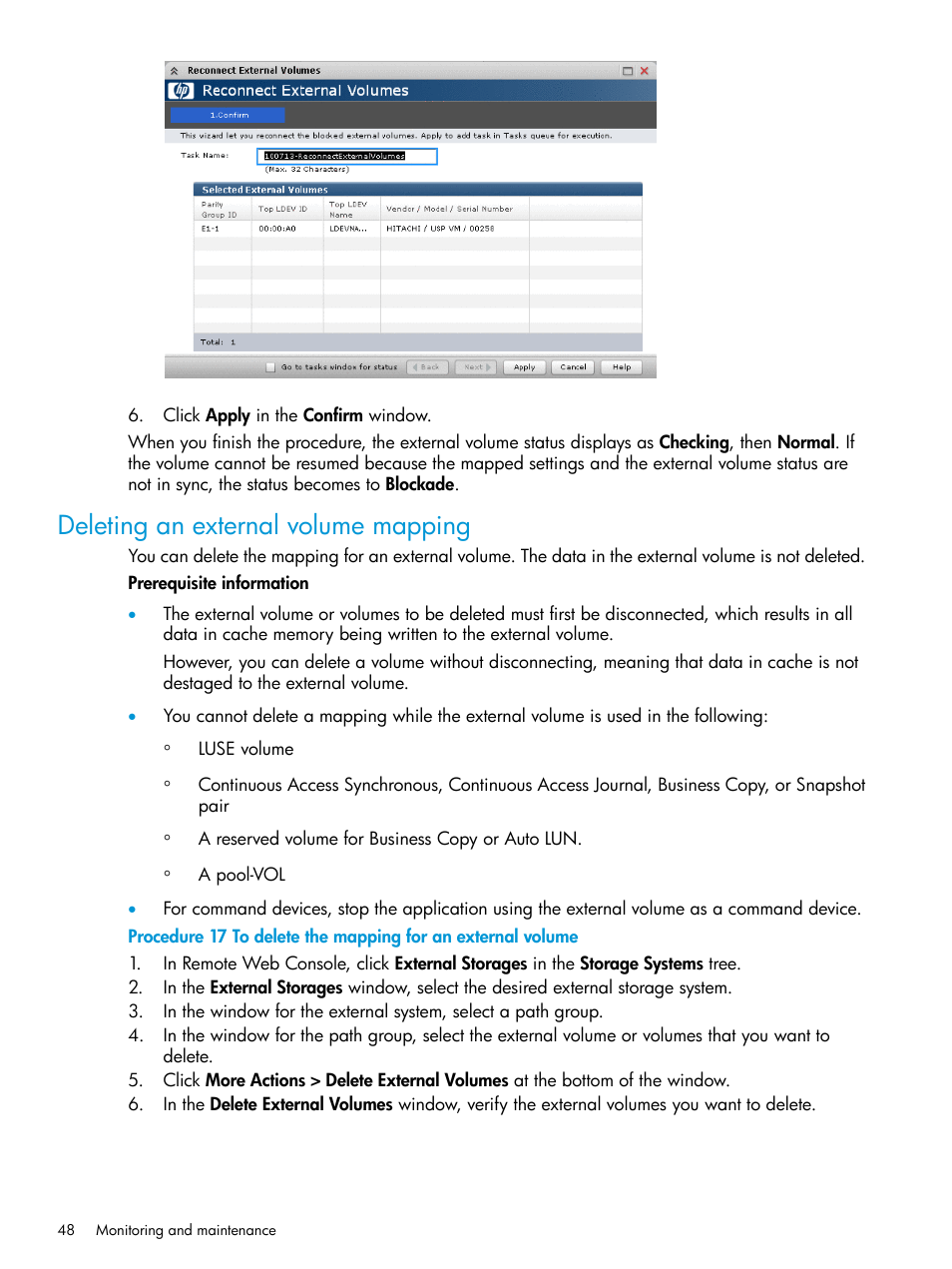 Deleting an external volume mapping | HP XP P9500 Storage User Manual | Page 48 / 122
