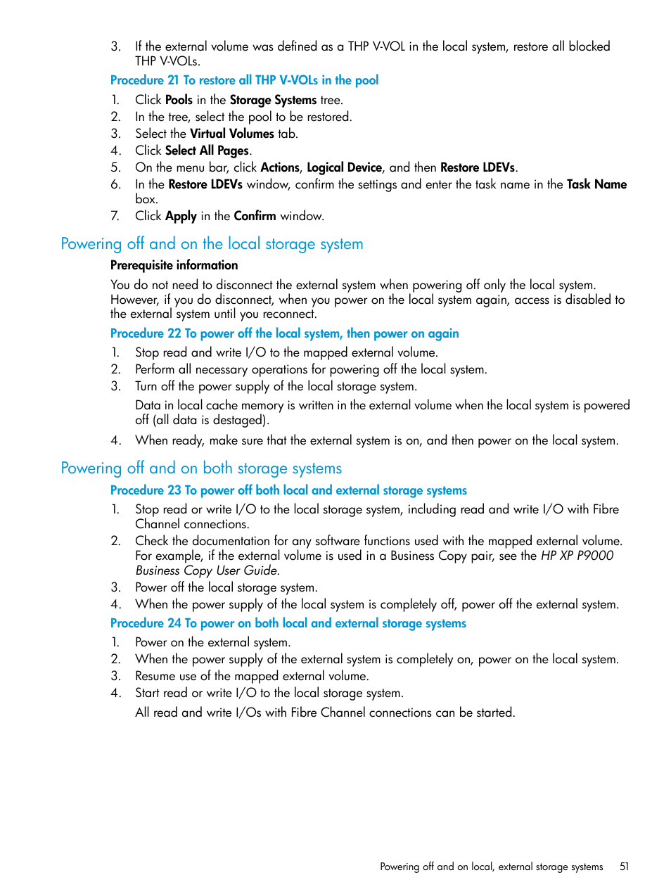 Powering off and on the local storage system, Powering off and on both storage systems | HP XP P9500 Storage User Manual | Page 51 / 122