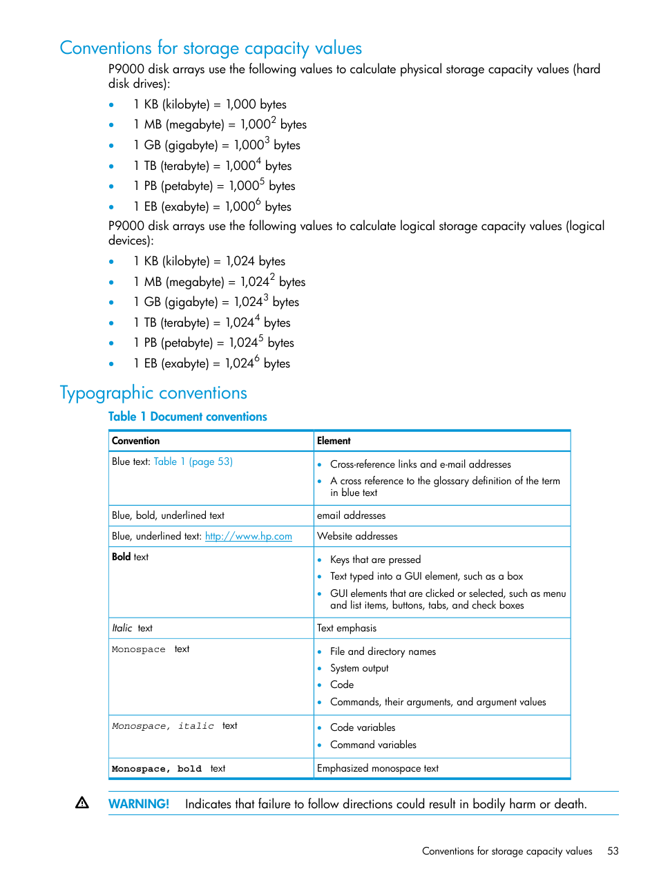 Conventions for storage capacity values, Typographic conventions | HP XP P9500 Storage User Manual | Page 53 / 122