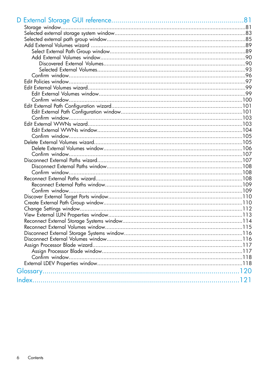 D external storage gui reference, Glossary index | HP XP P9500 Storage User Manual | Page 6 / 122