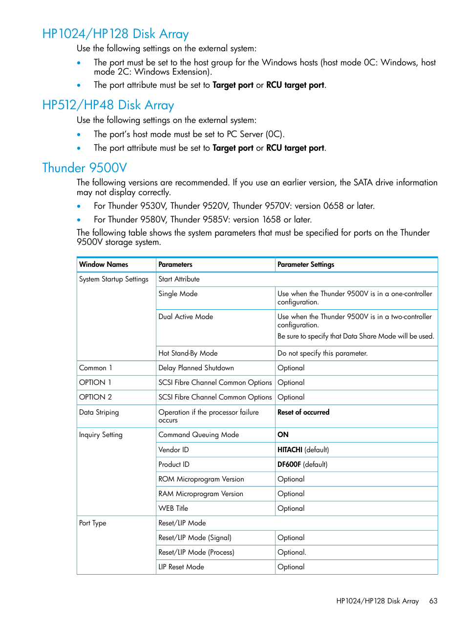 Hp1024/hp128 disk array, Hp512/hp48 disk array, Thunder 9500v | HP XP P9500 Storage User Manual | Page 63 / 122