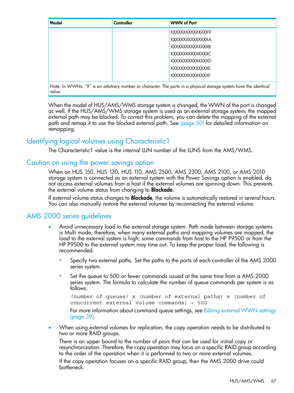 Identifying logical volumes using characteristic1, Caution on using the power savings option, Ams 2000 series guidelines | HP XP P9500 Storage User Manual | Page 67 / 122