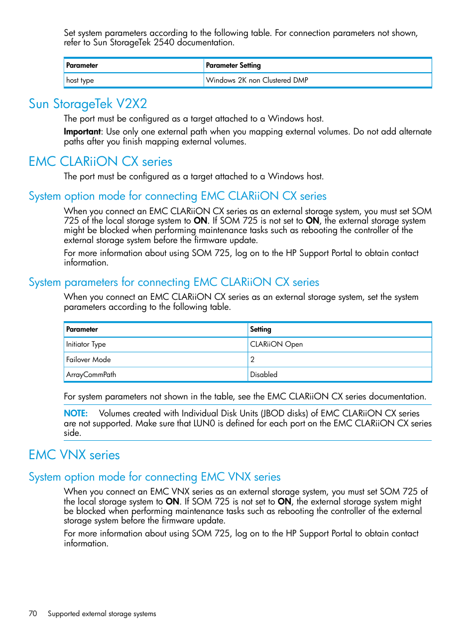 Sun storagetek v2x2, Emc clariion cx series, Emc vnx series | System option mode for connecting emc vnx series, Sun storagetek v2x2 emc clariion cx series | HP XP P9500 Storage User Manual | Page 70 / 122