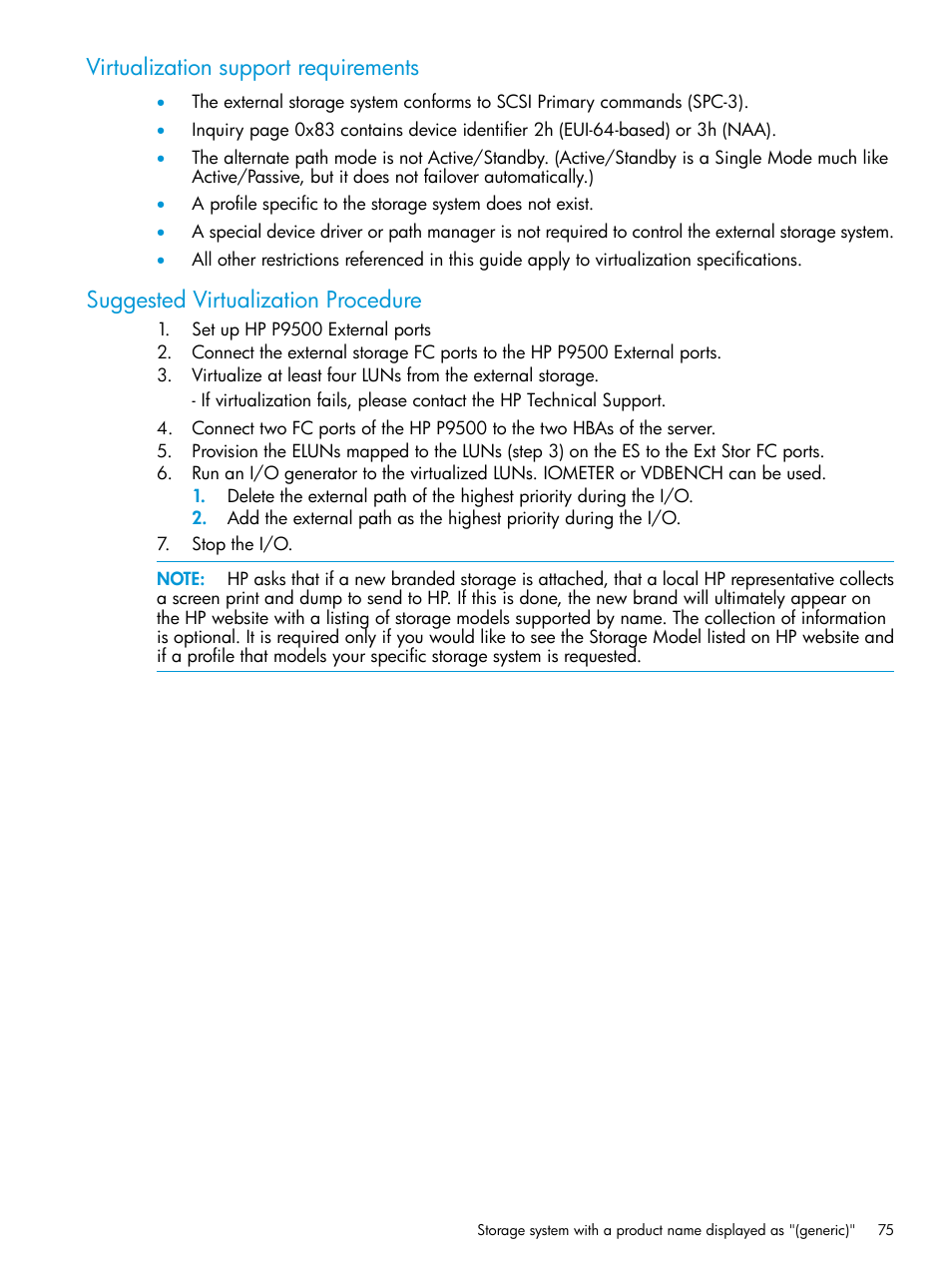 Virtualization support requirements, Suggested virtualization procedure | HP XP P9500 Storage User Manual | Page 75 / 122