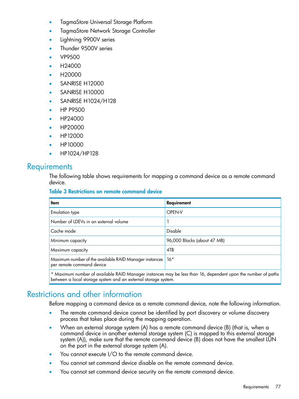 Requirements, Restrictions and other information, Requirements restrictions and other information | HP XP P9500 Storage User Manual | Page 77 / 122