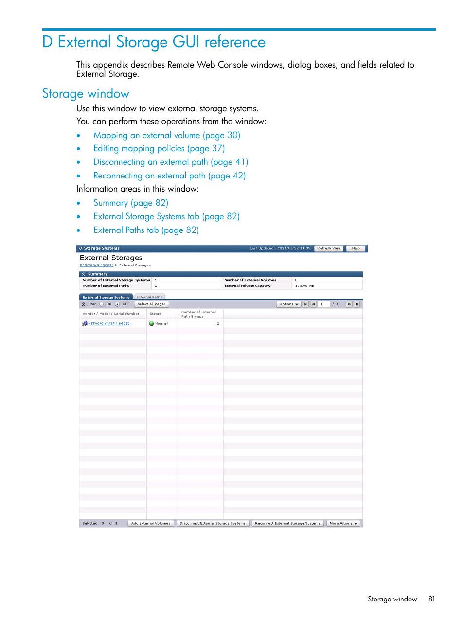 D external storage gui reference, Storage window | HP XP P9500 Storage User Manual | Page 81 / 122