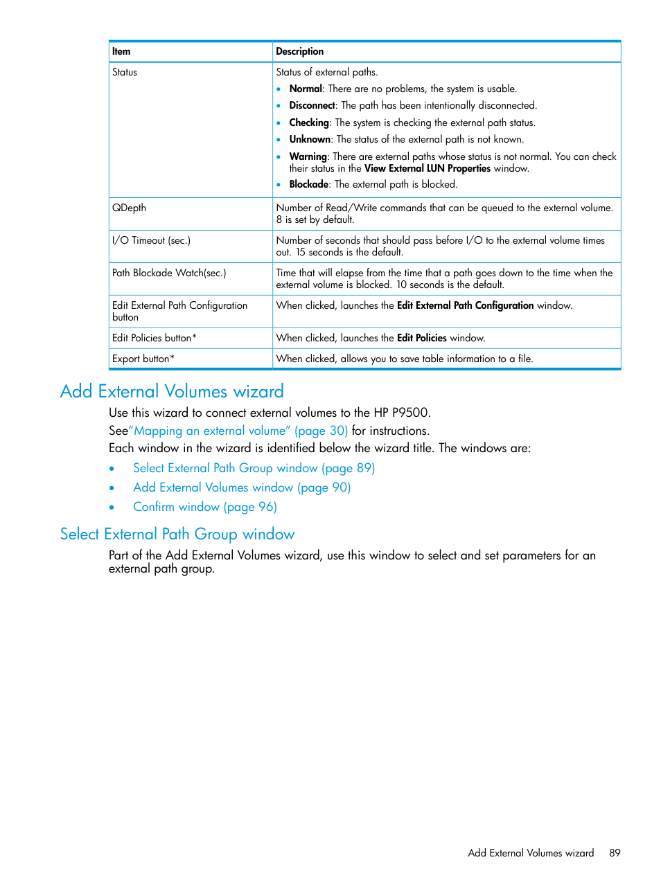 Add external volumes wizard, Select external path group window | HP XP P9500 Storage User Manual | Page 89 / 122