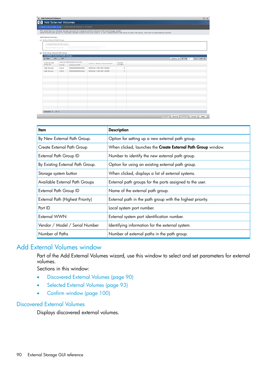 Add external volumes window, Discovered external volumes | HP XP P9500 Storage User Manual | Page 90 / 122