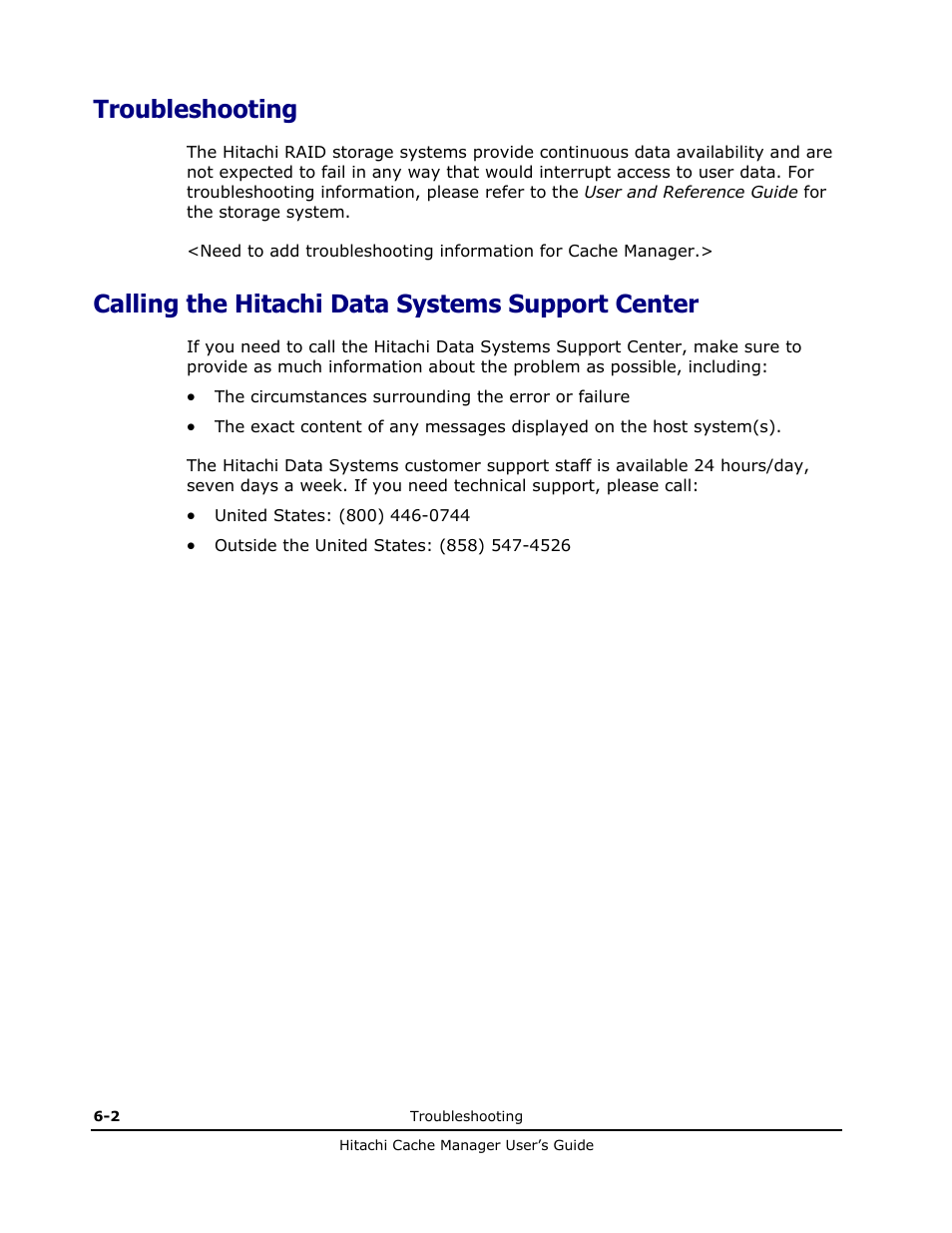 Troubleshooting, Calling the hitachi data systems support center | HP XP Array Manager Software User Manual | Page 66 / 72