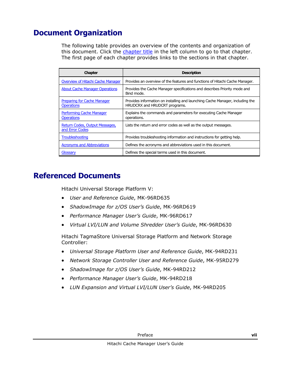 Document organization, Referenced documents | HP XP Array Manager Software User Manual | Page 7 / 72