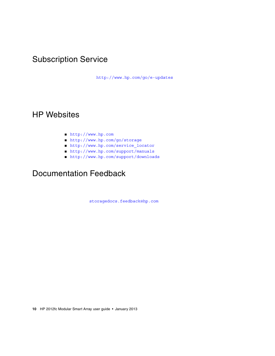Subscription service, Hp websites, Documentation feedback | HP 2000fc Modular Smart Array User Manual | Page 10 / 88