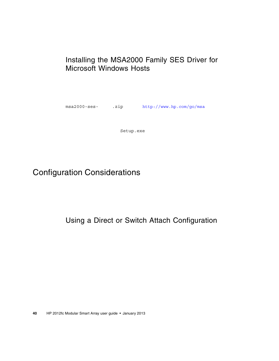 Configuration considerations, Using a direct or switch attach configuration | HP 2000fc Modular Smart Array User Manual | Page 40 / 88