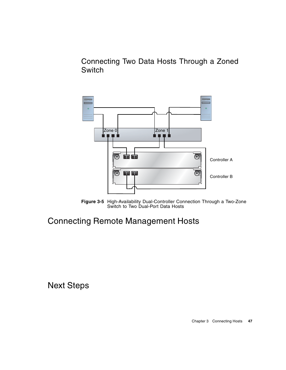 Connecting two data hosts through a zoned switch, Connecting remote management hosts, Next steps | HP 2000fc Modular Smart Array User Manual | Page 47 / 88