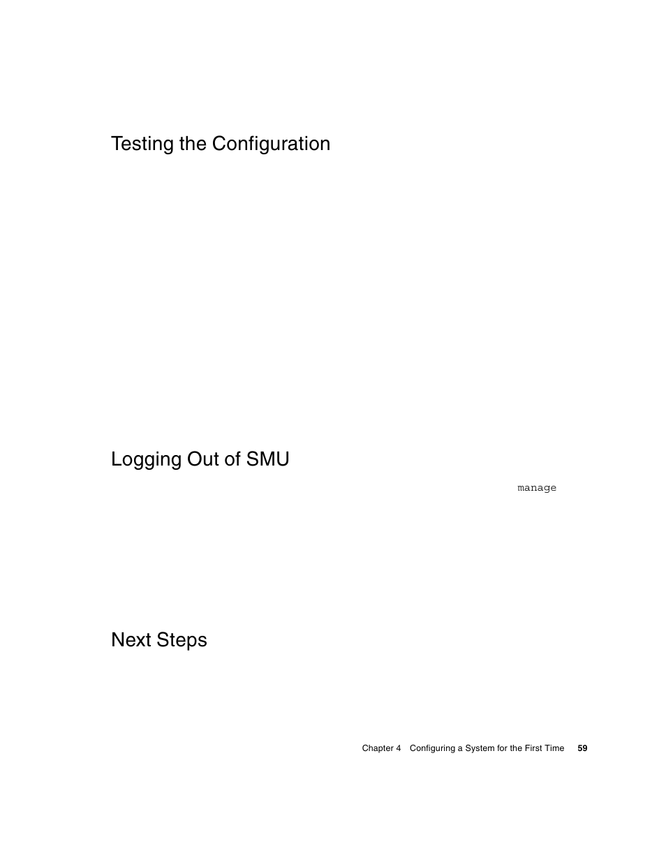 Testing the configuration, Logging out of smu, Next steps | HP 2000fc Modular Smart Array User Manual | Page 59 / 88