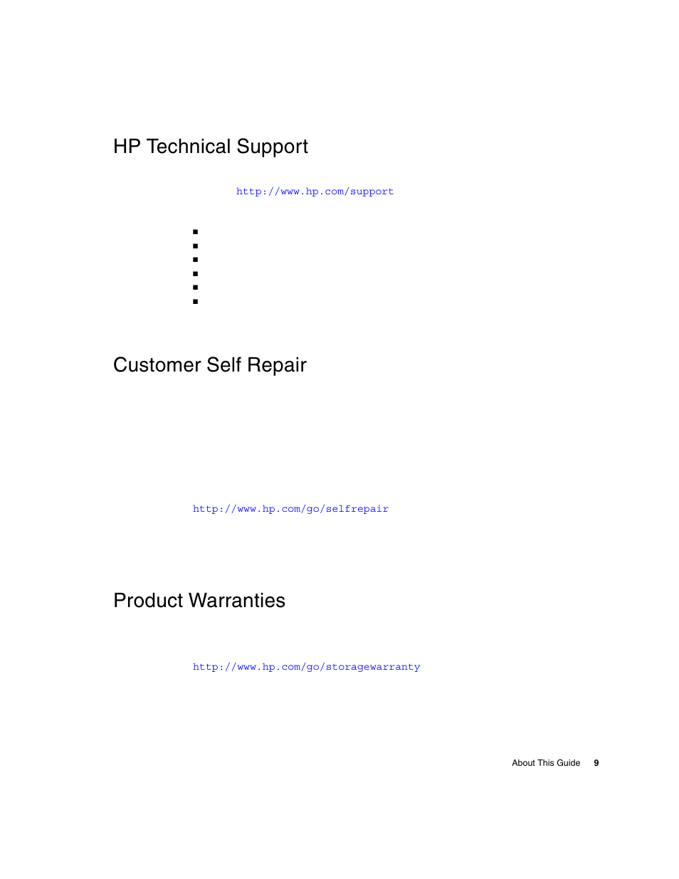 Hp technical support, Customer self repair, Product warranties | HP 2000fc Modular Smart Array User Manual | Page 9 / 88
