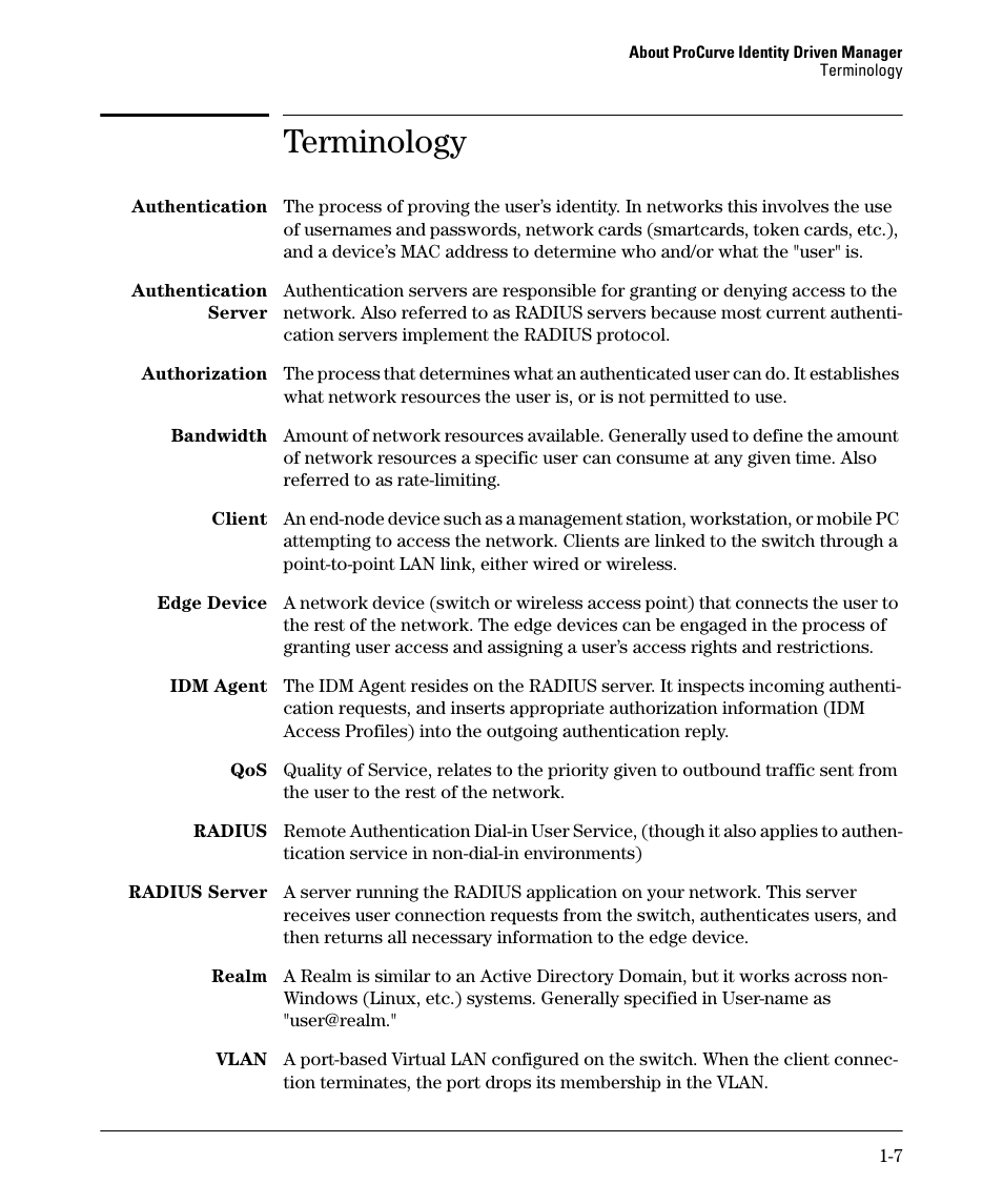 Terminology, Terminology -7 | HP Identity Driven Manager Software Series User Manual | Page 13 / 88