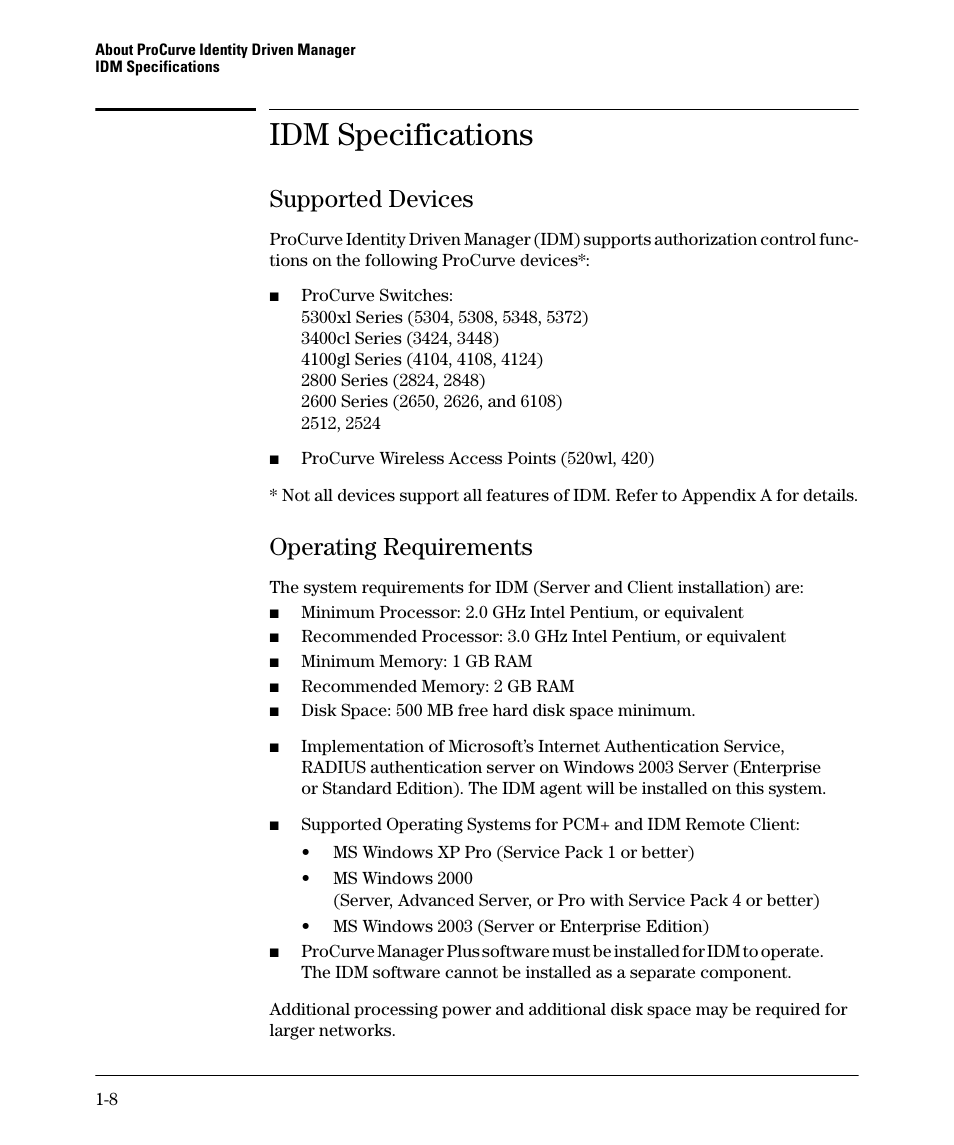 Idm specifications, Supported devices, Operating requirements | Supported devices -8 operating requirements -8, Idm specifications -8 | HP Identity Driven Manager Software Series User Manual | Page 14 / 88