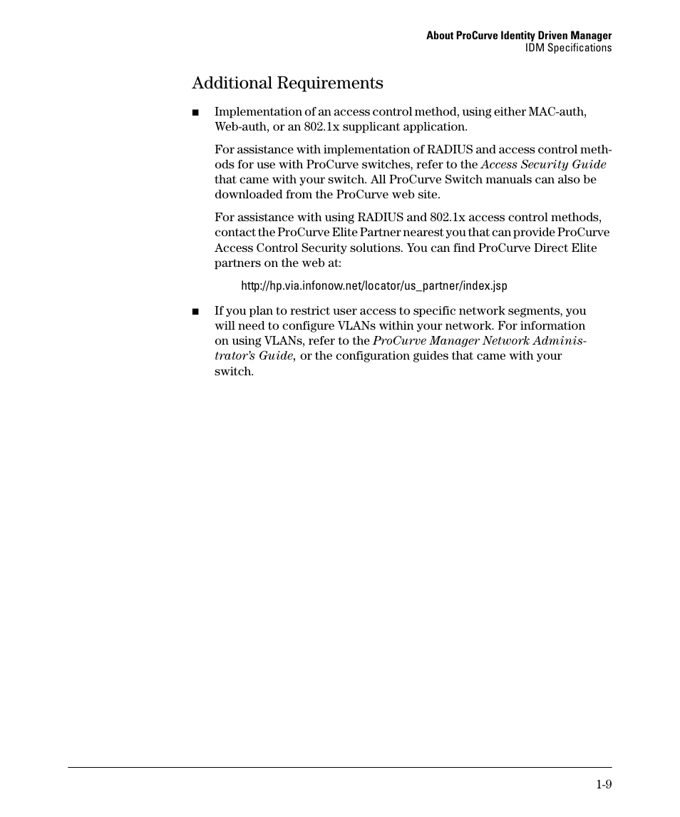 Additional requirements, Additional requirements -9 | HP Identity Driven Manager Software Series User Manual | Page 15 / 88