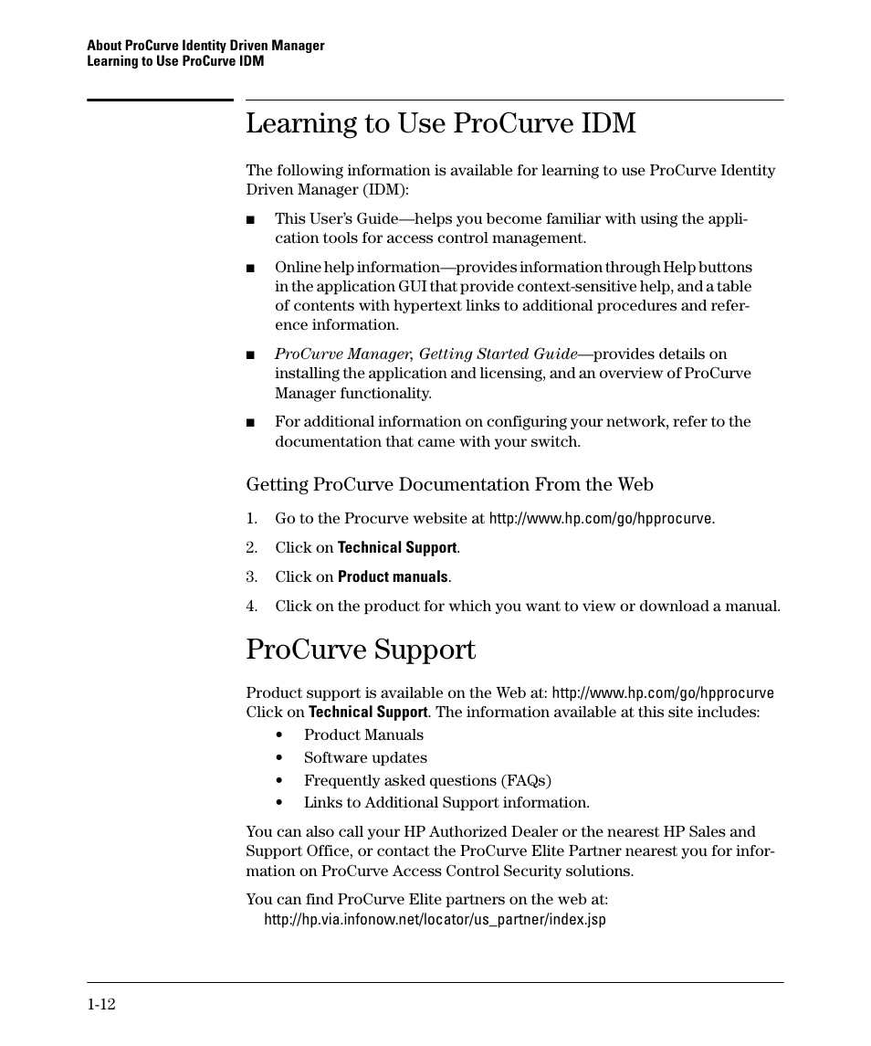 Learning to use procurve idm, Procurve support, Learning to use procurve idm -12 | Getting procurve documentation from the web -12, Procurve support -12, Getting procurve documentation from the web | HP Identity Driven Manager Software Series User Manual | Page 18 / 88