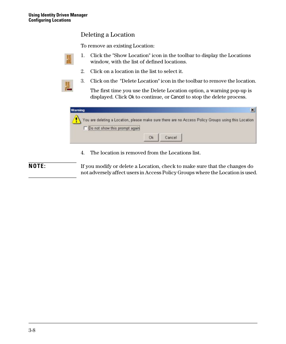 Deleting a location | HP Identity Driven Manager Software Series User Manual | Page 46 / 88