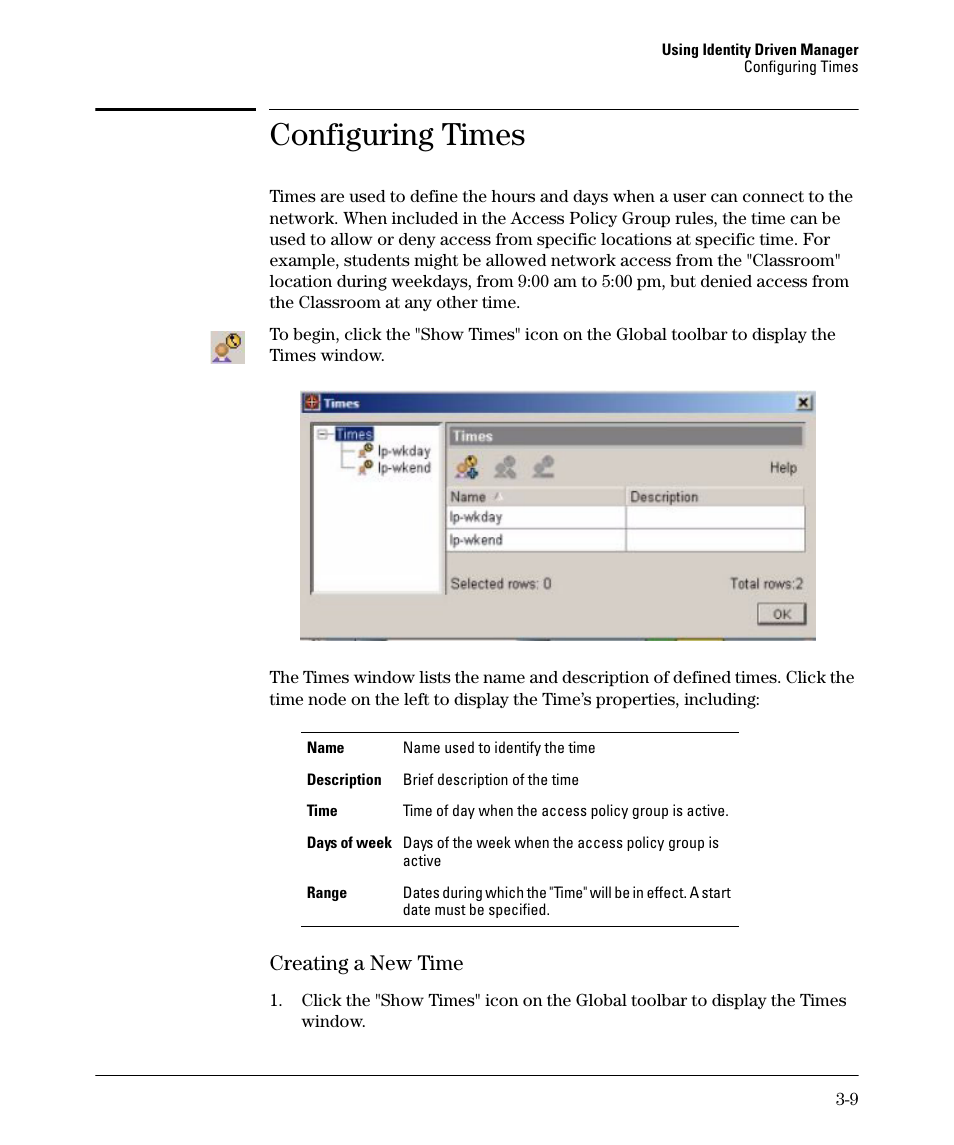 Configuring times, Configuring times -9, Creating a new time | HP Identity Driven Manager Software Series User Manual | Page 47 / 88