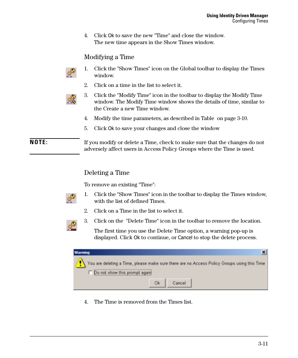 Modifying a time, Deleting a time | HP Identity Driven Manager Software Series User Manual | Page 49 / 88