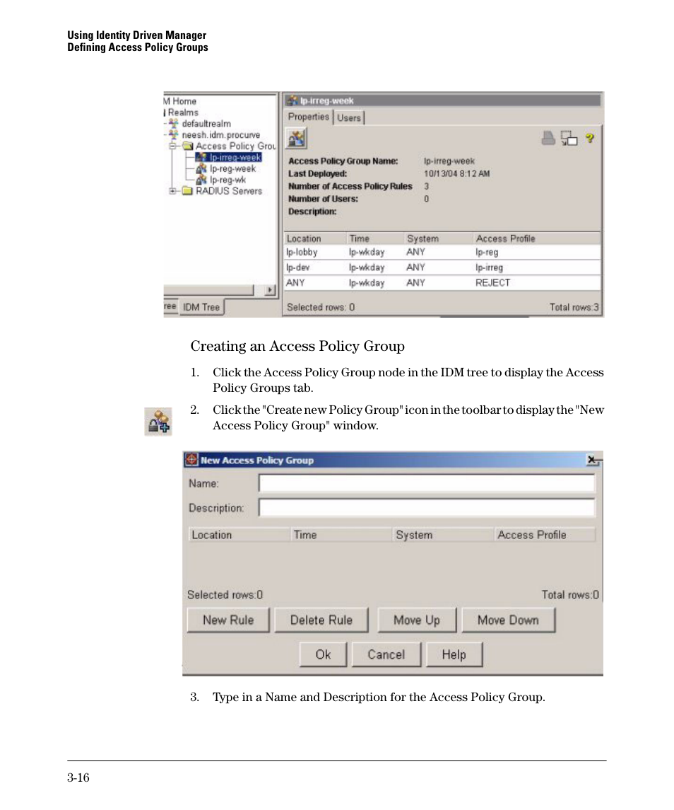 Creating an access policy group | HP Identity Driven Manager Software Series User Manual | Page 54 / 88