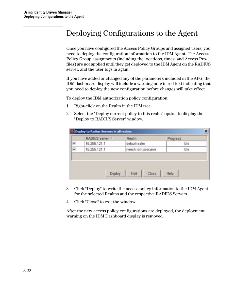 Deploying configurations to the agent, Deploying configurations to the agent -22 | HP Identity Driven Manager Software Series User Manual | Page 60 / 88